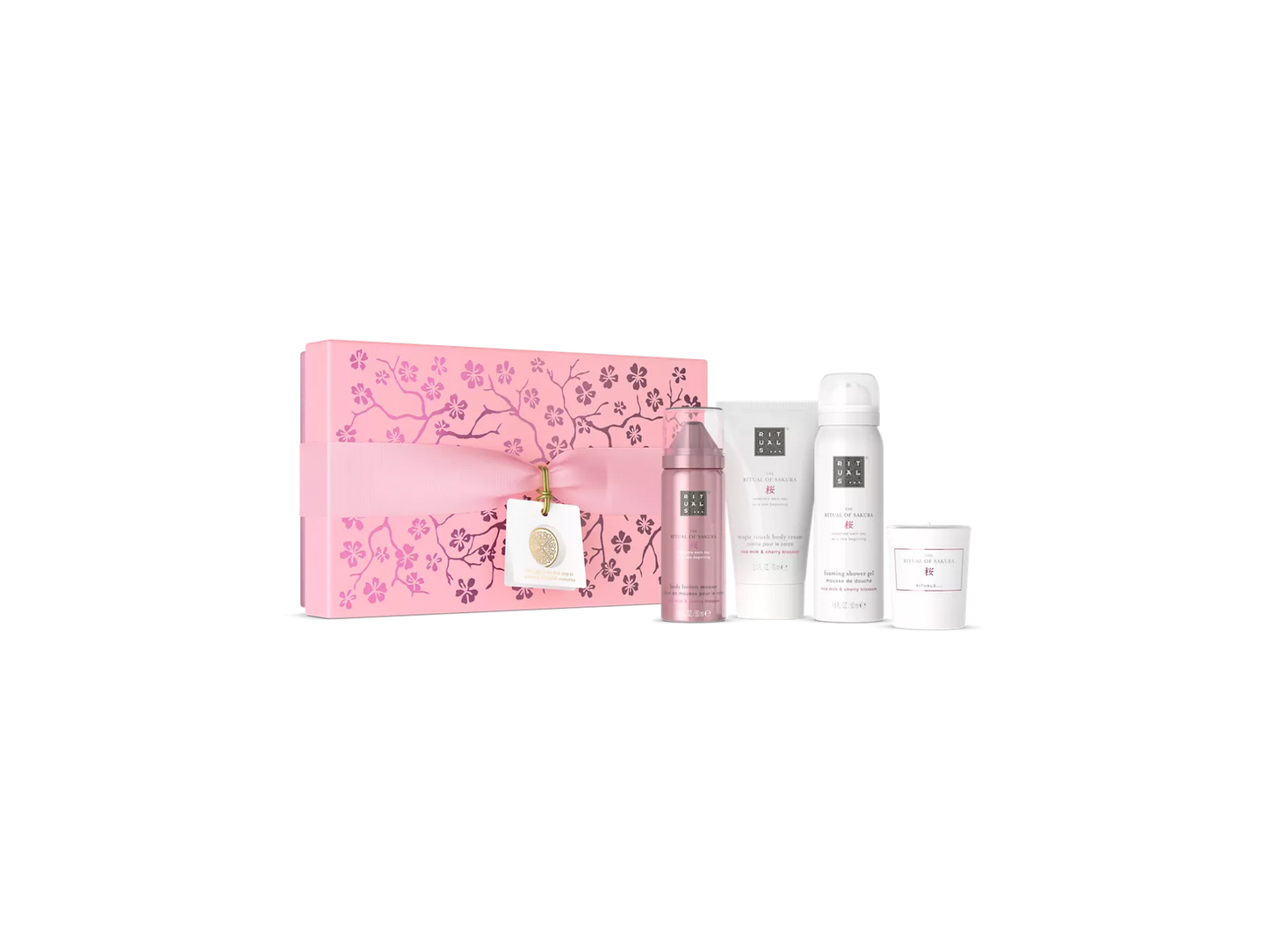 The Ritual of Sakura Gift Set S shower foam 50 ml, bodycrème 70 ml, bodylotion mousse 50 ml, geurkaars 25 g