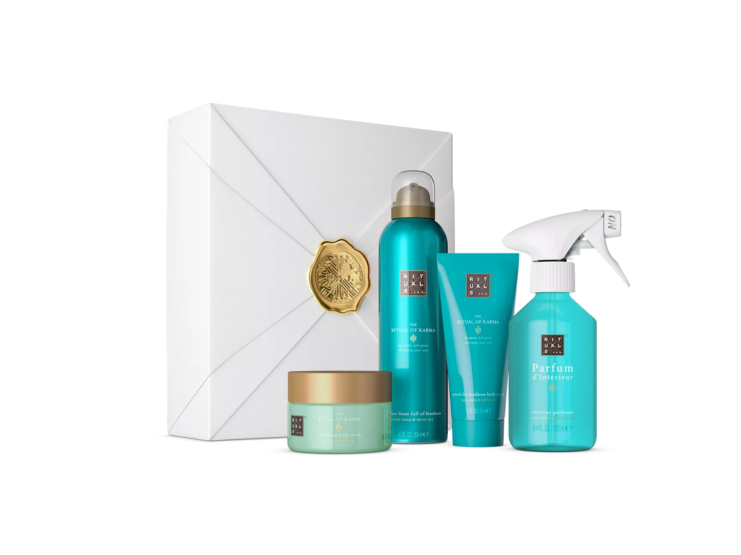 The Ritual of Karma Soothing Routine foaming shower gel 200ml, parfum d'interieur 250ml, body cream 100ml, salt body scrub 125g