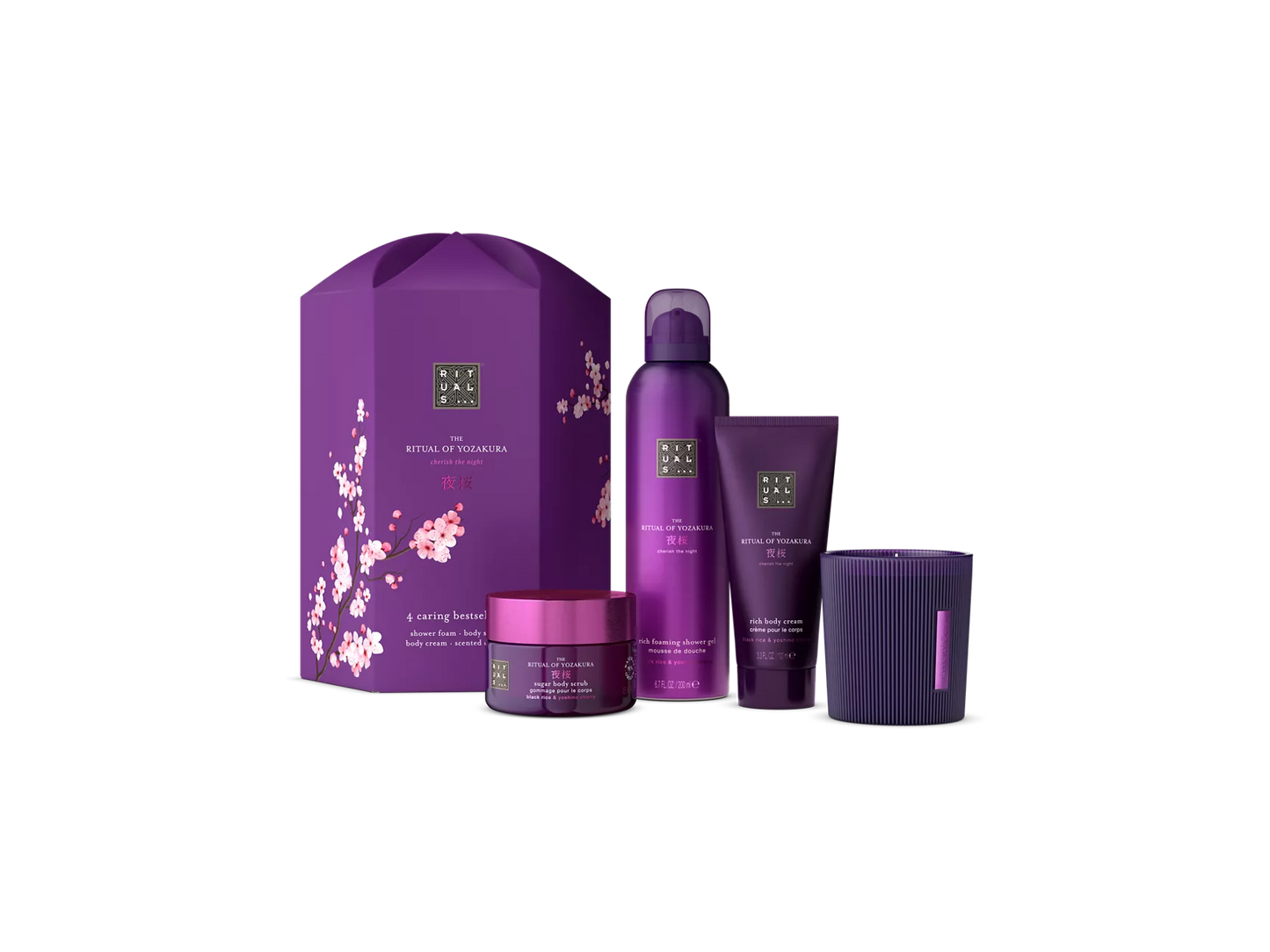 The Ritual of Yozakura Gift Set M schuimende douchegel 200 ml, bodycrème 100 ml, bodyscrub met suiker 125 g, geurkaars 140 g
