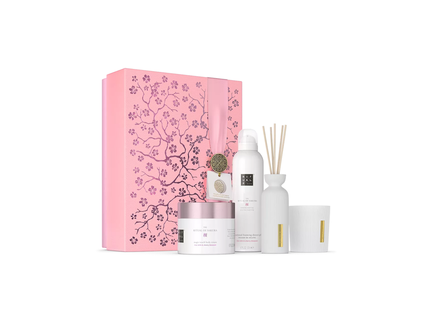 The Ritual of Sakura Gift Set L Foaming Shower Gel 200 ml, Body Cream 200 ml, Scented Candle 140 gr, Mini Fragrance Sticks 70 ml