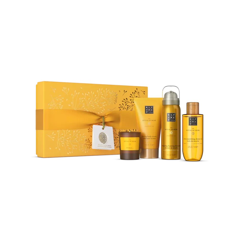 The Ritual of Mehr Gift Set S foaming shower gel 50ml, shower oil 75ml, body cream 70ml, scented candle 25g