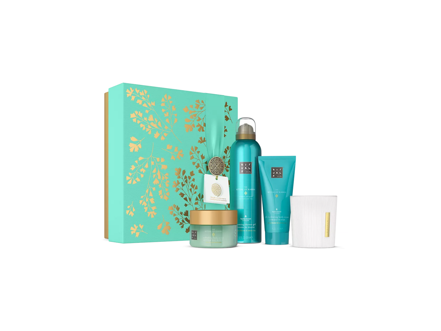 The Ritual of Karma Gift Set M schuimende douchegel 200 ml, bodycrème 100 ml, bodyscrub 125 g, kaars 140 gr