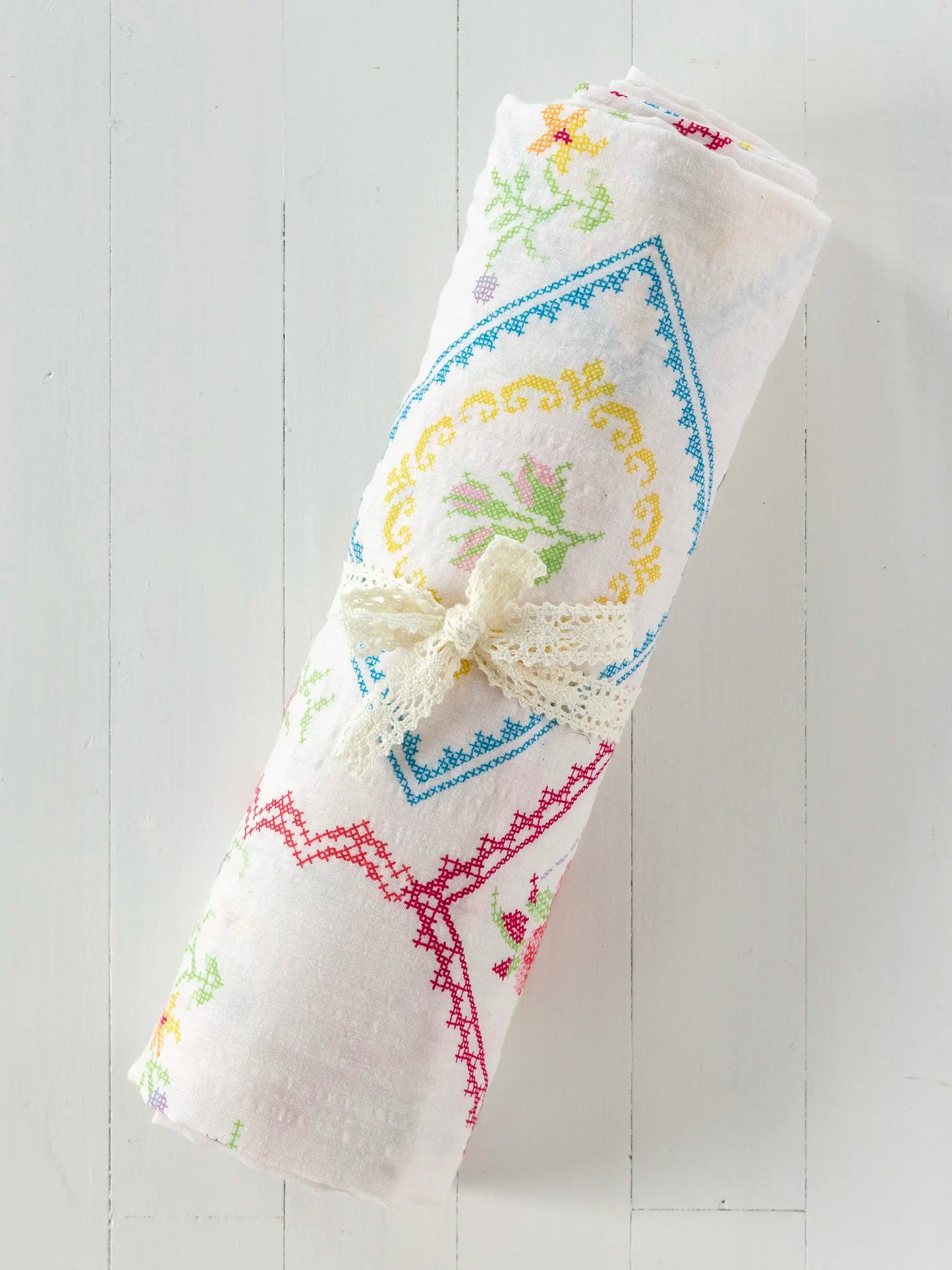Boho Shower Curtain - Heirloom Cross Stitch Ivory
