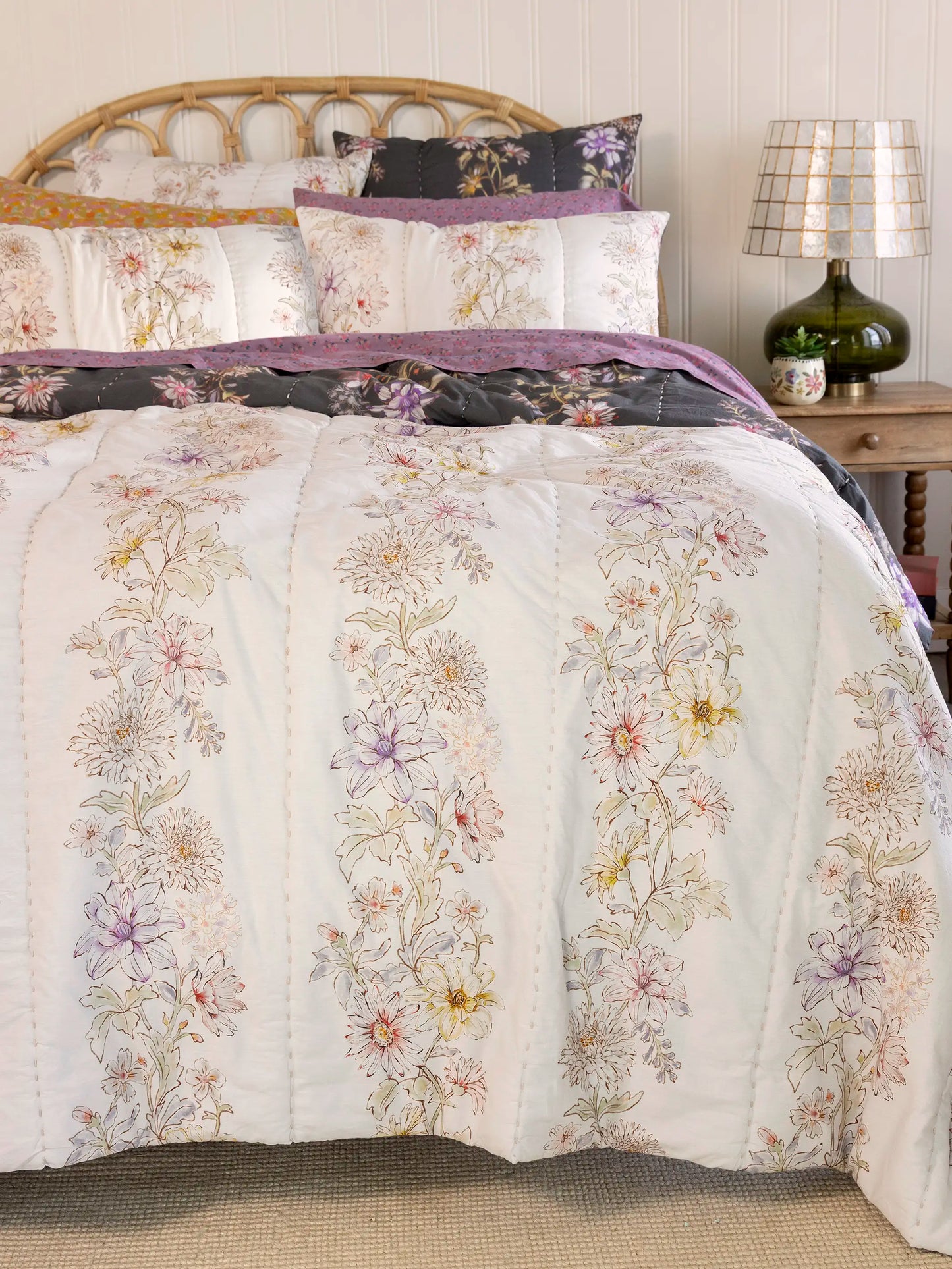 Bungalow Reversible Cotton Shams, Set of 2 - Ivory Dahlia Rows