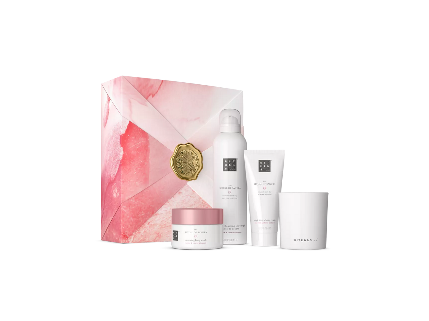The Ritual of Sakura Gift Set M foaming shower gel 200ml, body cream 100ml, body scrub 125g, candle 140g