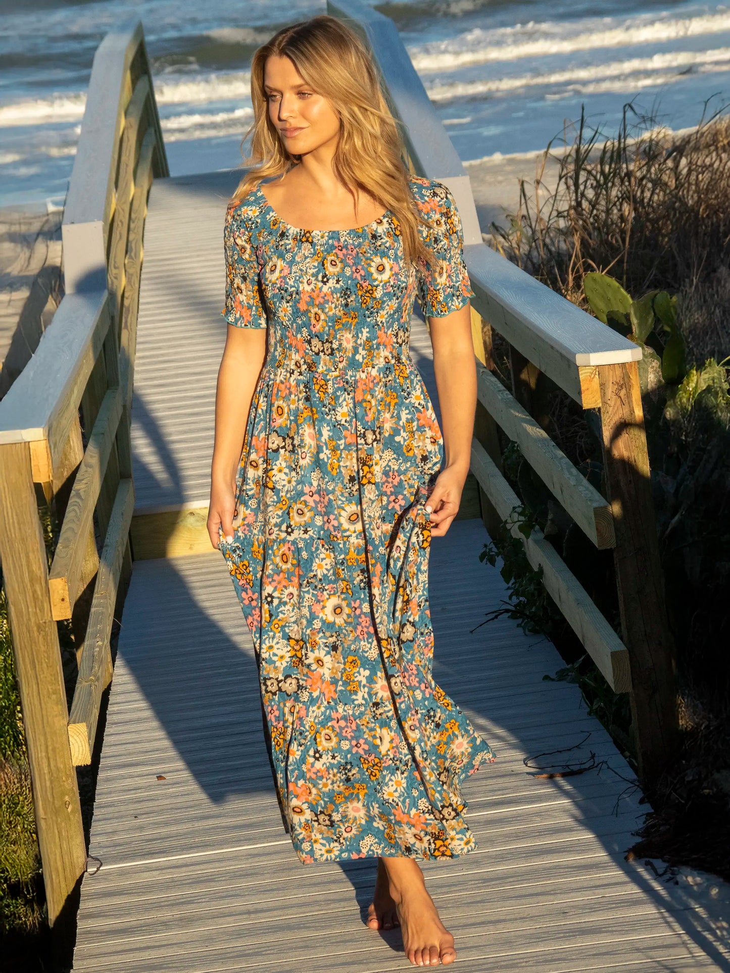 Daisy Tiered Maxi Dress - Blue Tan Floral