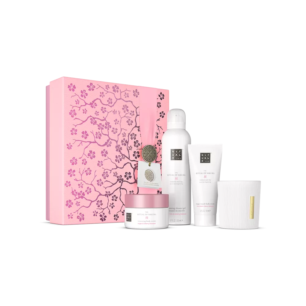 The Ritual of Sakura Gift Set M foaming shower gel 200ml, body cream 100ml, body scrub 125g, candle 140g