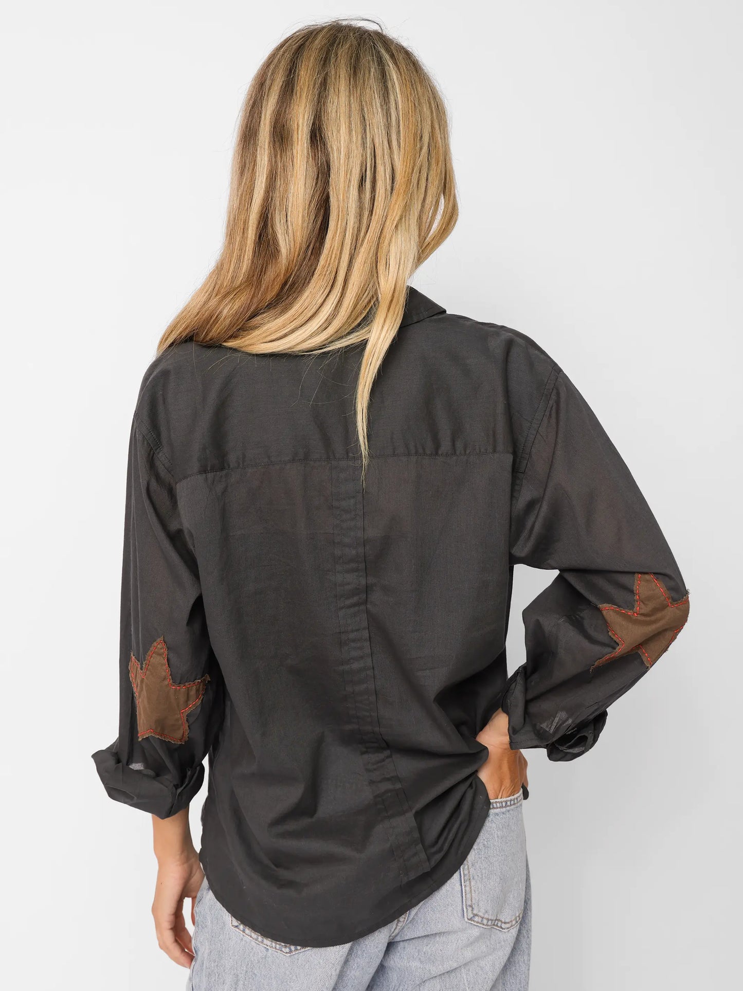 Lived In Applique Cotton Button Down - Charcoal