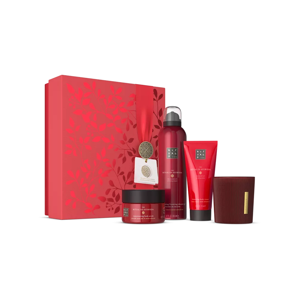 The Ritual of Ayurveda Gift Set M foaming shower gel 200ml, body cream 100ml, body scrub 125g, scented candle 140g