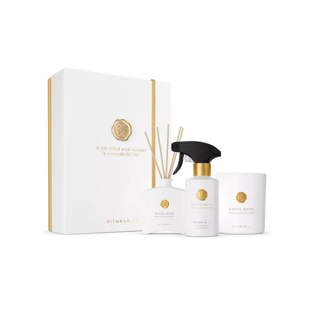 Private Collection White Basil Gift Set L scented candle 360g, mini fragrance sticks 100ml, home perfume 250ml