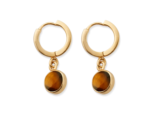 Tiger Eye Hoops Round Cut Gold Plated