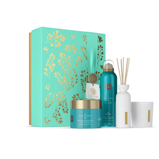 The Ritual of Karma Gift Set L foaming shower gel 200ml, body cream 200ml, scented candle 140g, mini fragrance sticks 70ml