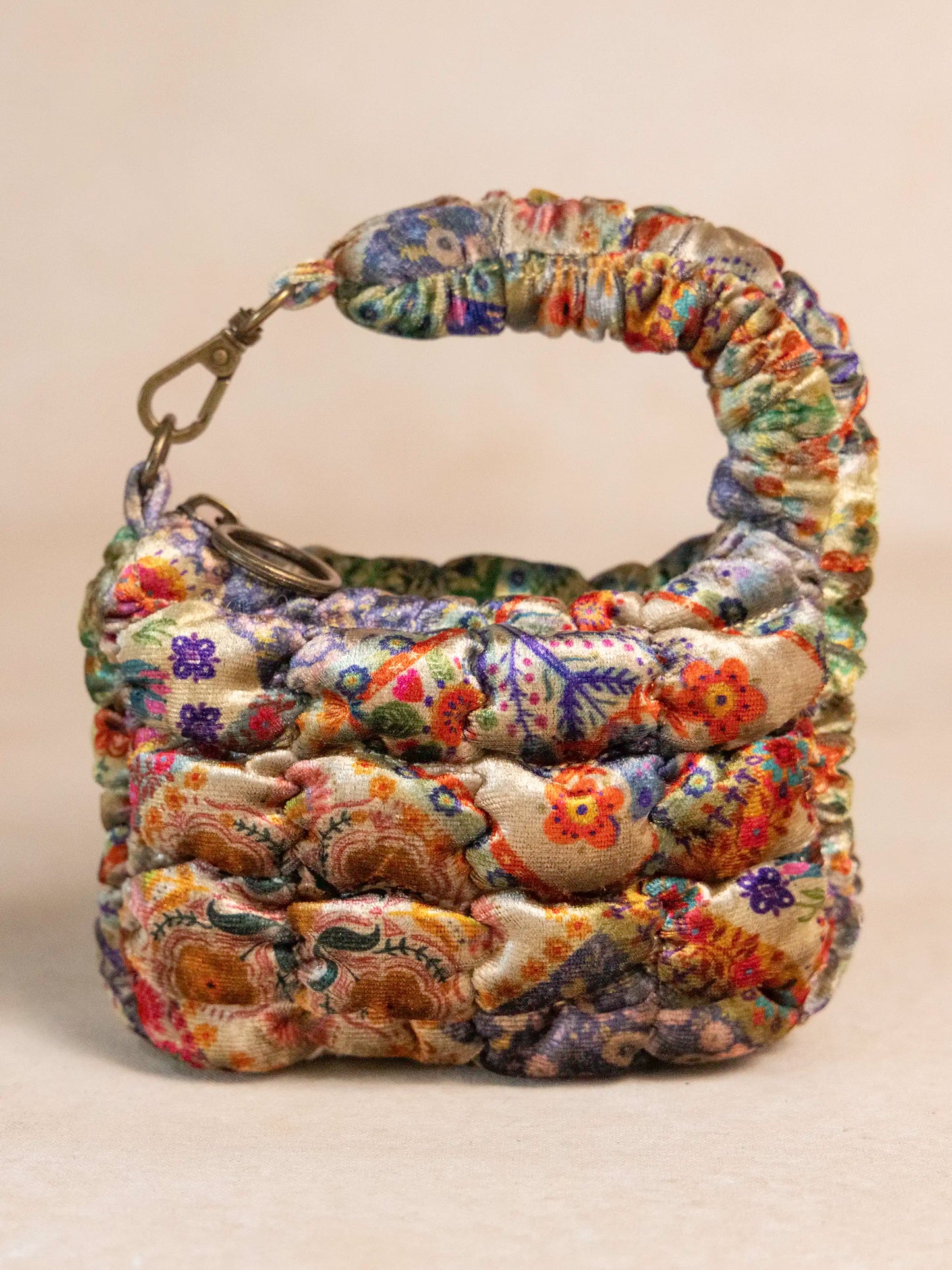 Puffy Velvet Mini Clip-On Pouch - Mandala Folk Patchwork