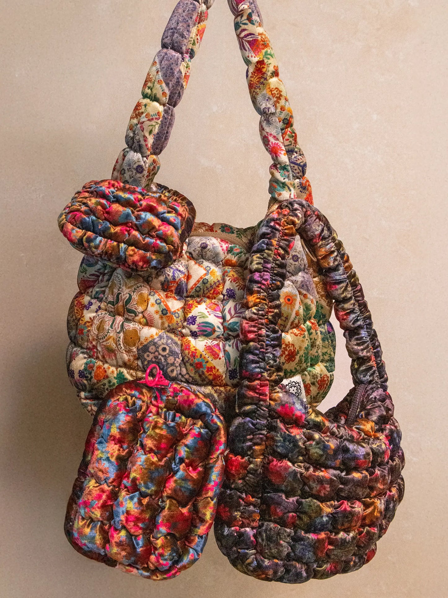 Puffy Velvet Mini Clip-On Pouch - Mandala Folk Patchwork