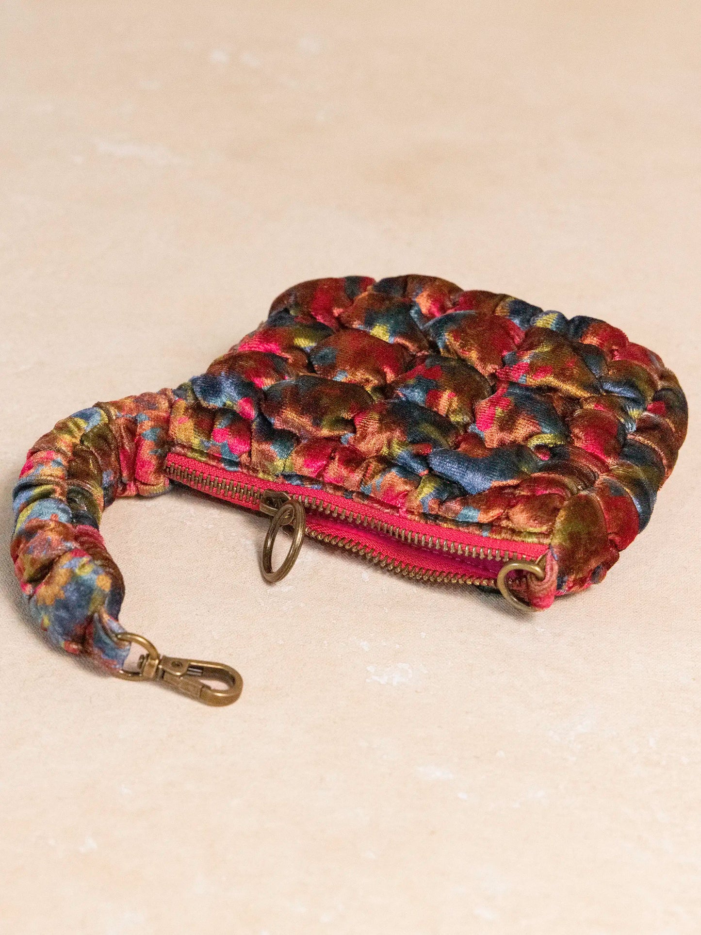 Puffy Velvet Mini Clip-On Pouch - Teal Pink Floral Velvet