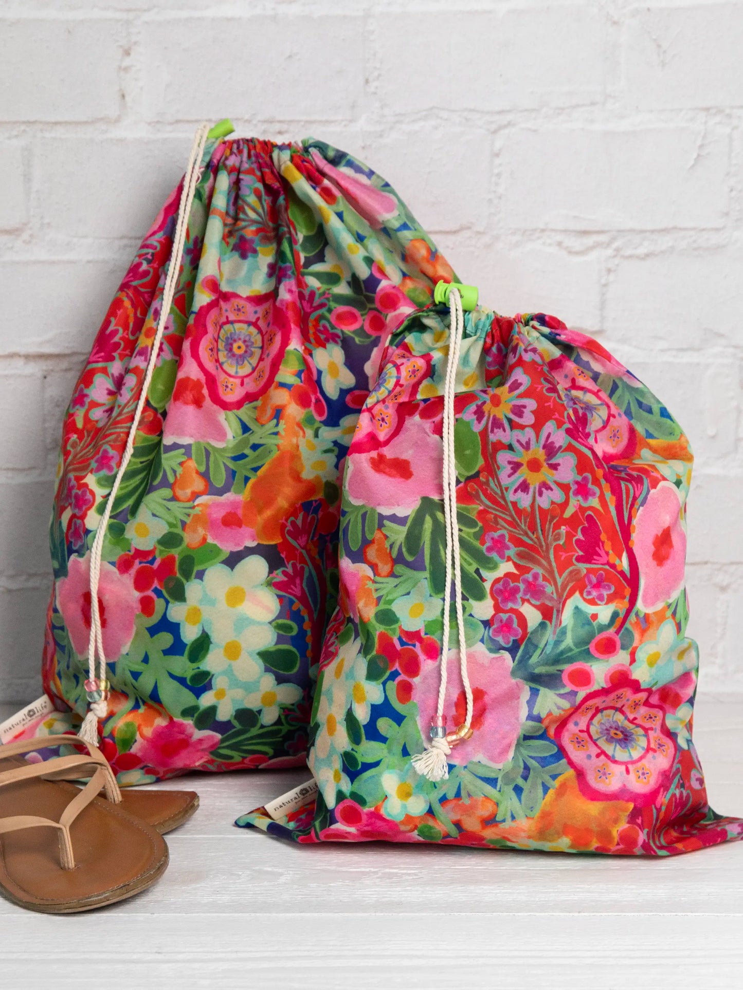 Travel Laundry Bags, Set of 2 - Pink Painted Garden