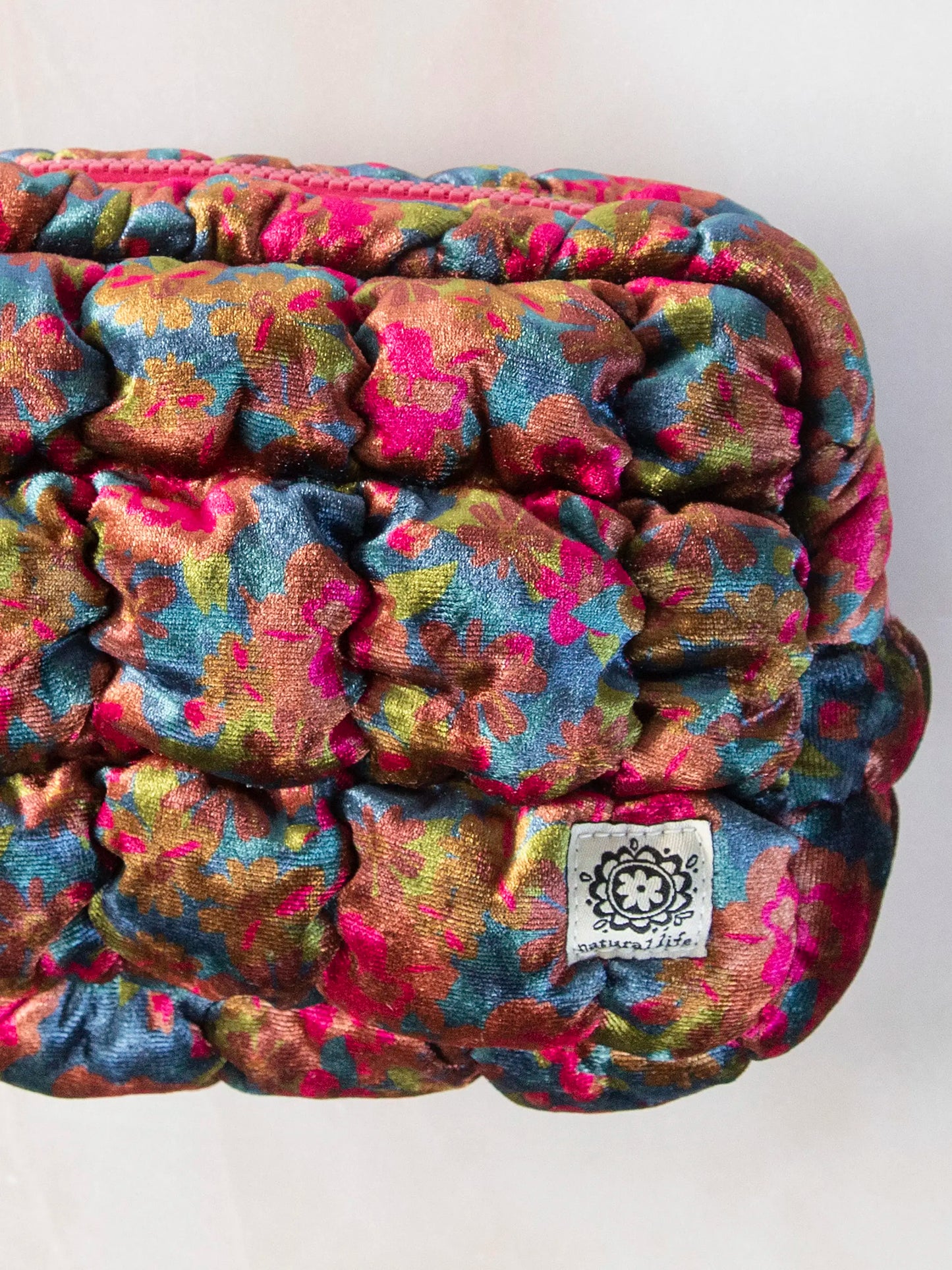 Dana Velvet Puffy Pouch - Teal Pink Floral