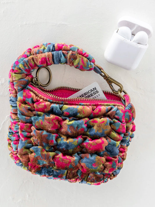 Puffy Velvet Mini Clip-On Pouch - Teal Pink Floral Velvet