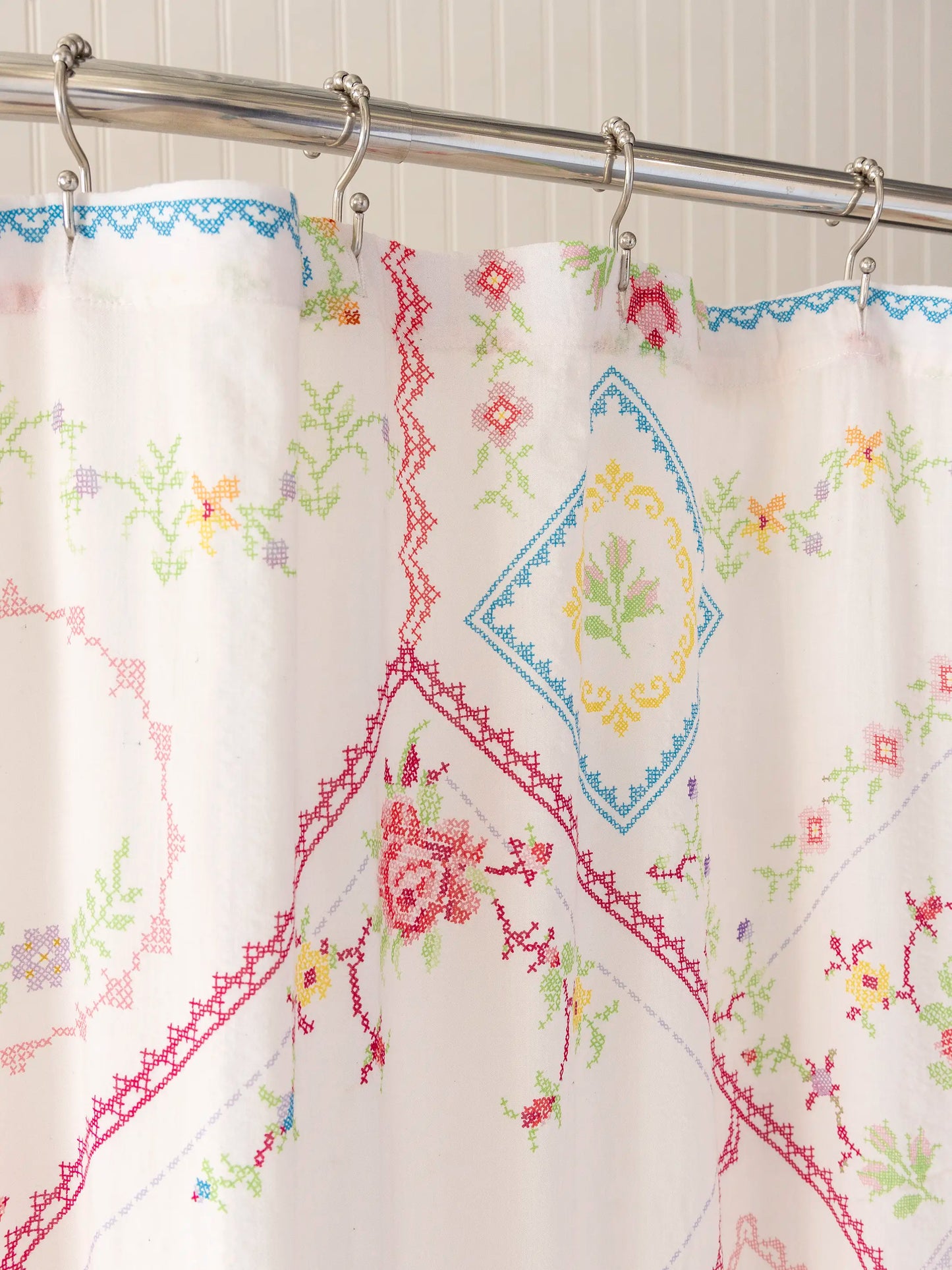 Boho Shower Curtain -  Heirloom Cross Stitch Ivory