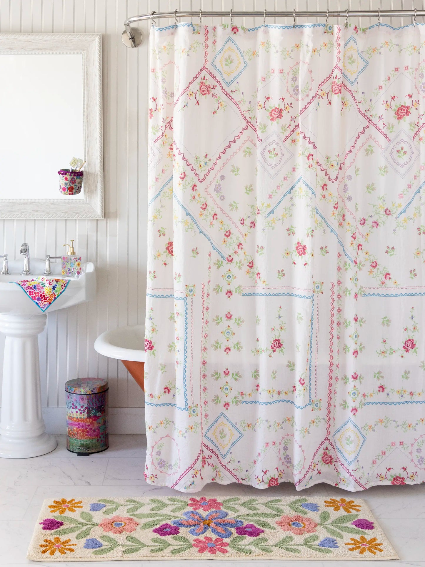 Boho Shower Curtain -  Heirloom Cross Stitch Ivory