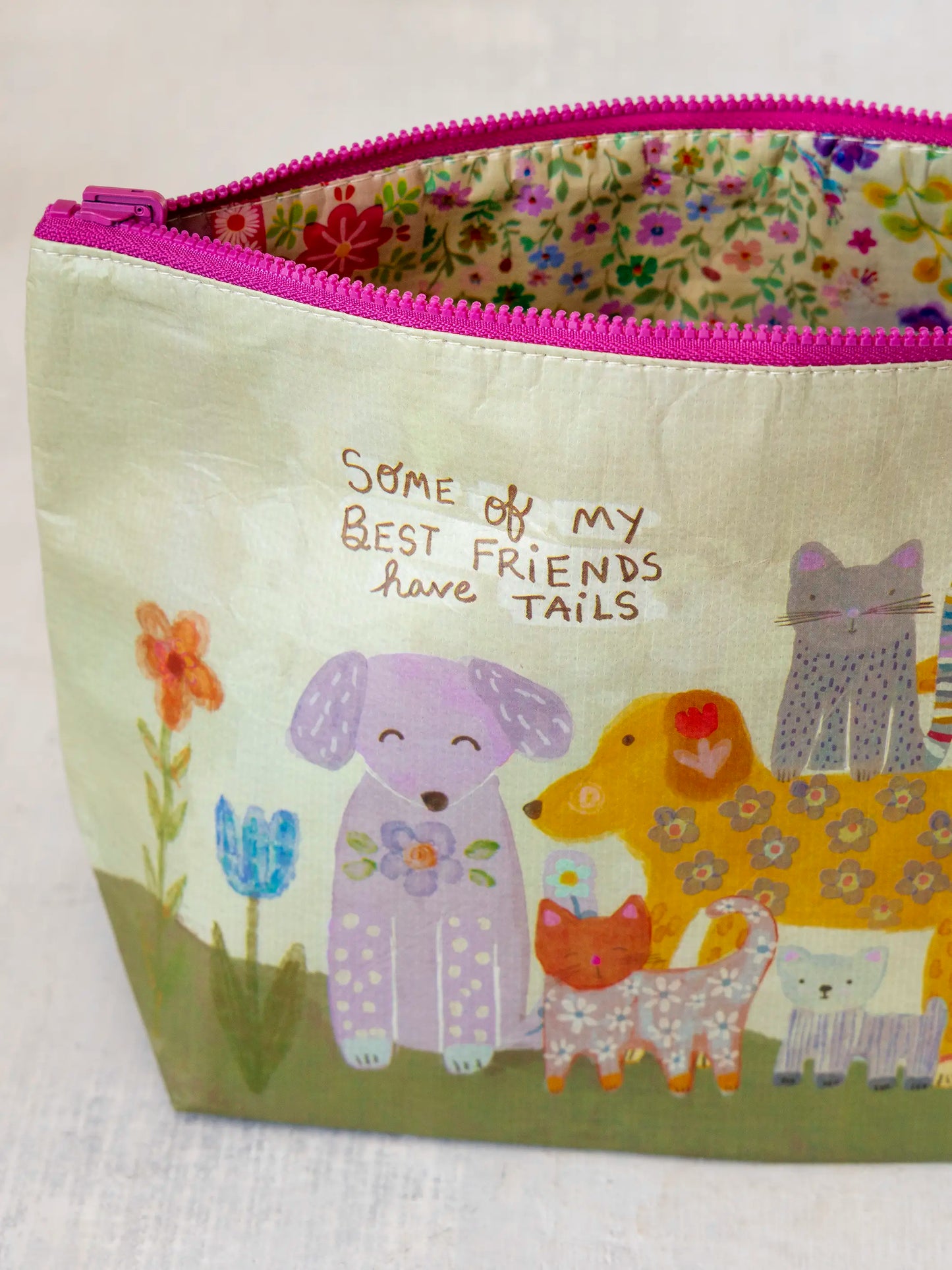 Recycled Reversible Zipper Pouch - Best Friends Have Tails