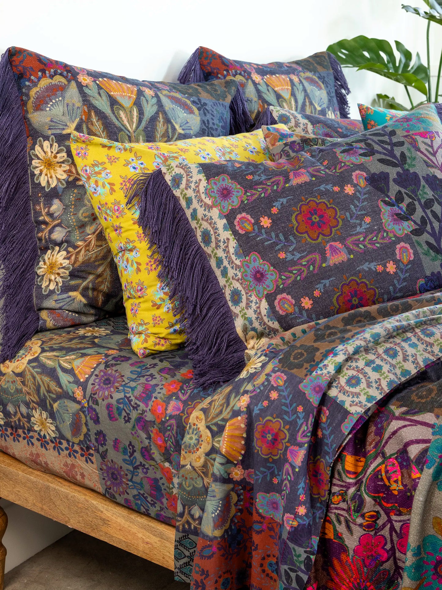 Boho Fringe Shams, Set of 2 - Blue Patchwork
