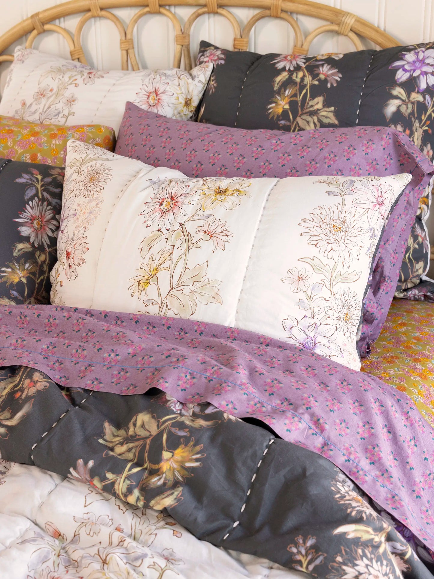 Bungalow Reversible Cotton Shams, Set of 2 - Ivory Dahlia Rows