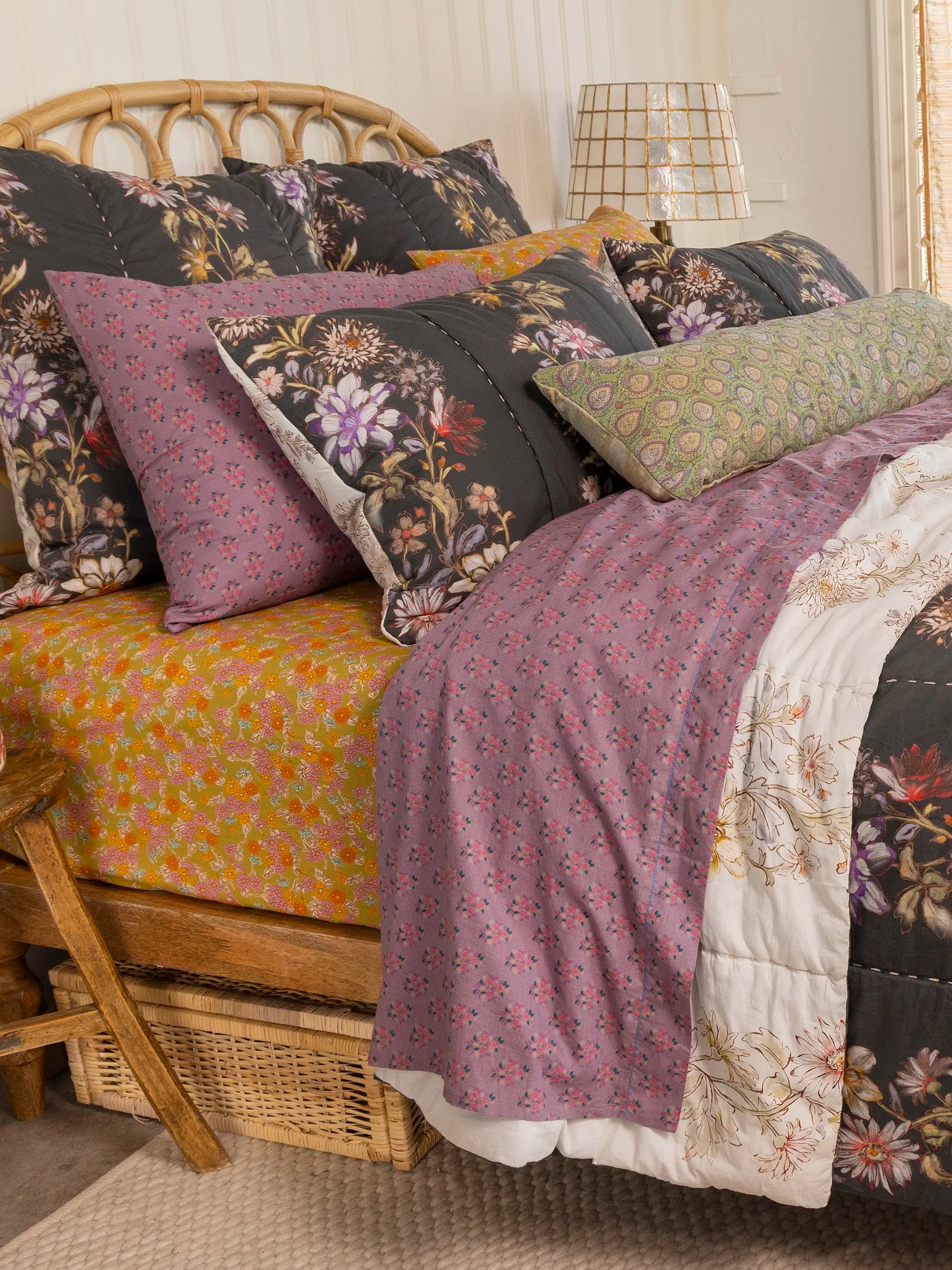 Bungalow Reversible Cotton Shams, Set of 2 - Ivory Dahlia Rows