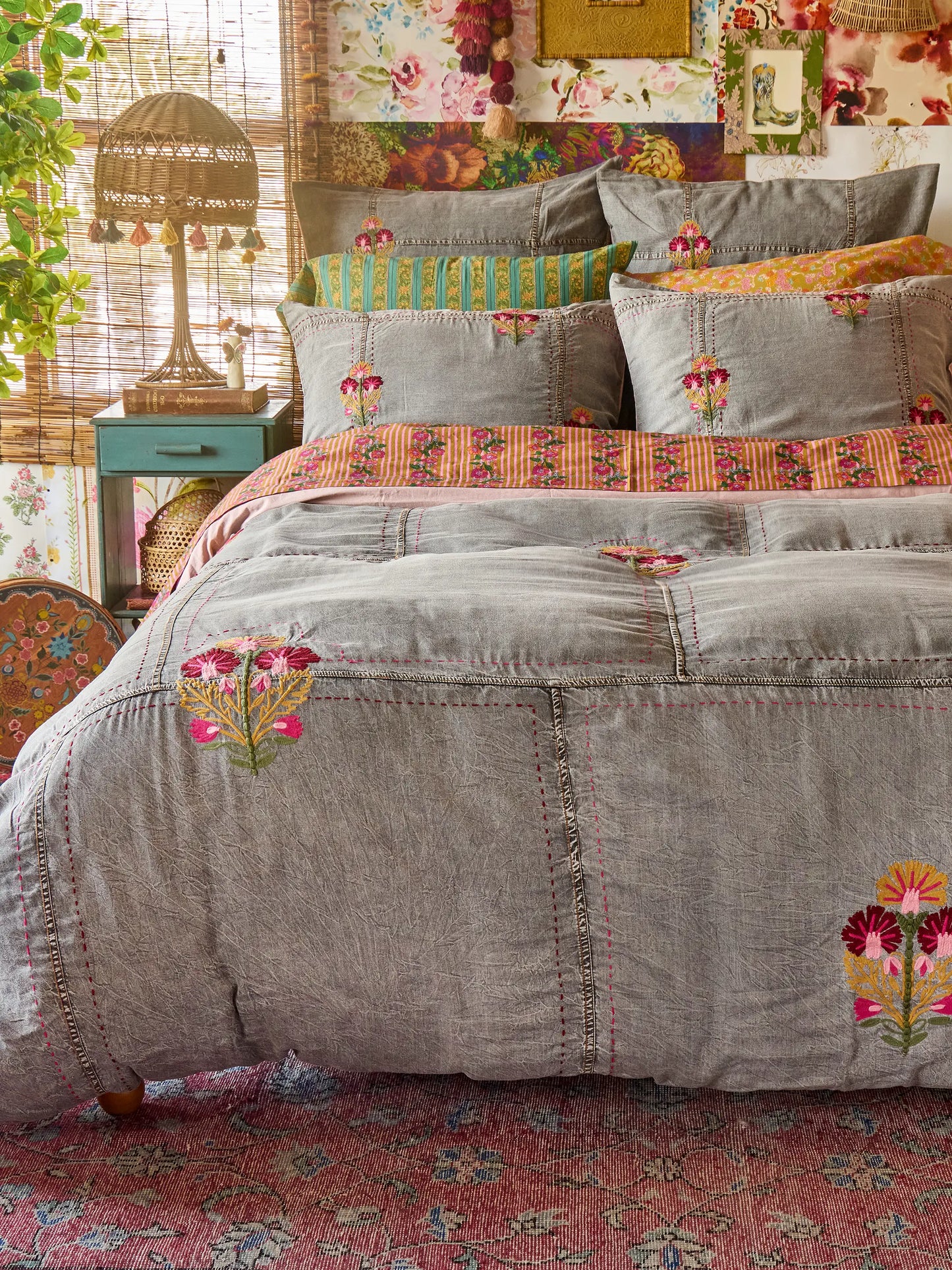 Embroidered Denim Shams, Set of 2 - Light Grey