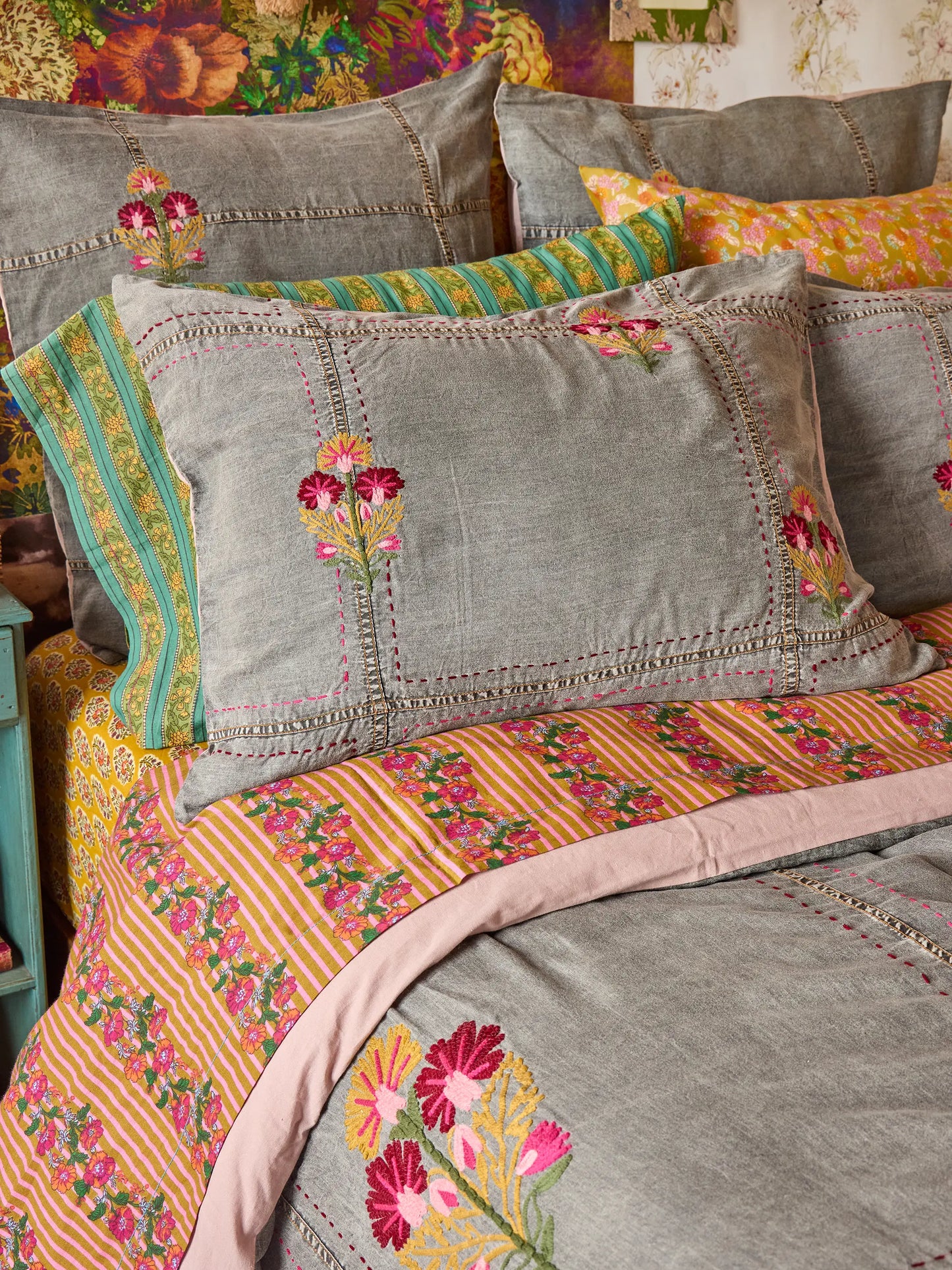 Embroidered Denim Shams, Set of 2 - Light Grey