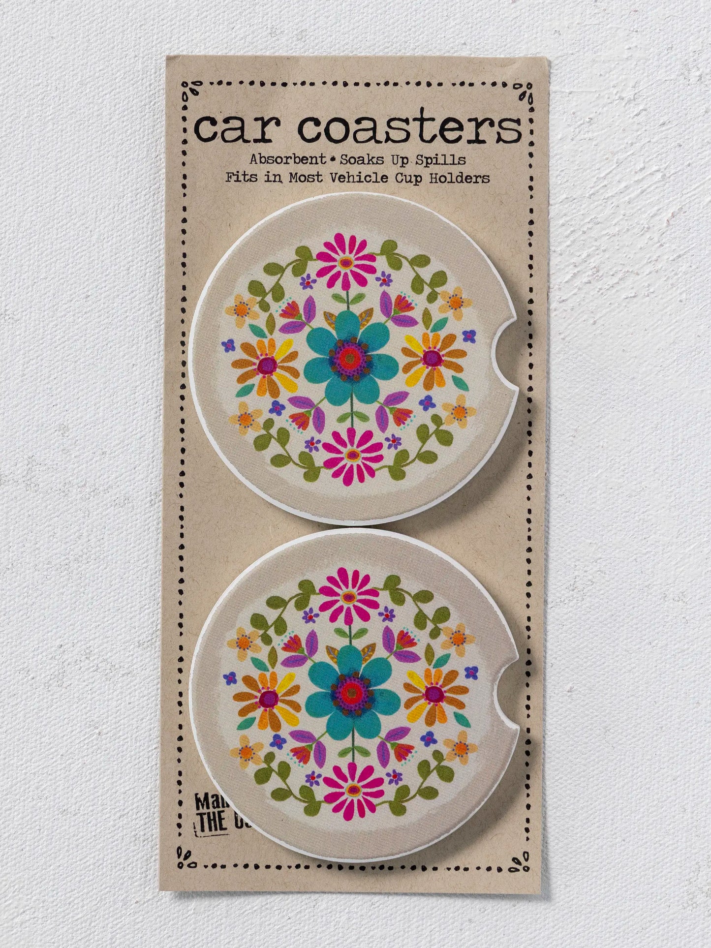 Car Coasters, Set of 2 - Cream Folk Flower