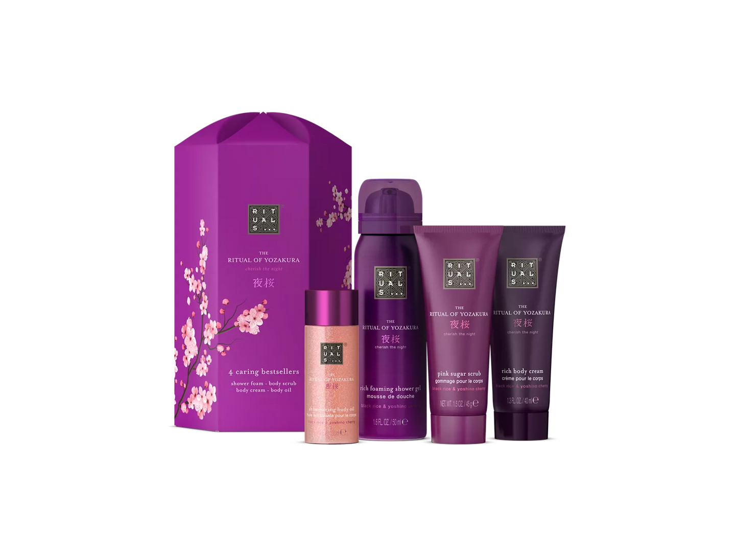 The Ritual of Yozakura Gift Set S foaming shower gel 50 ml, body cream 40 ml, pink sugar scrub 45 g, shimmering body oil 30 ml