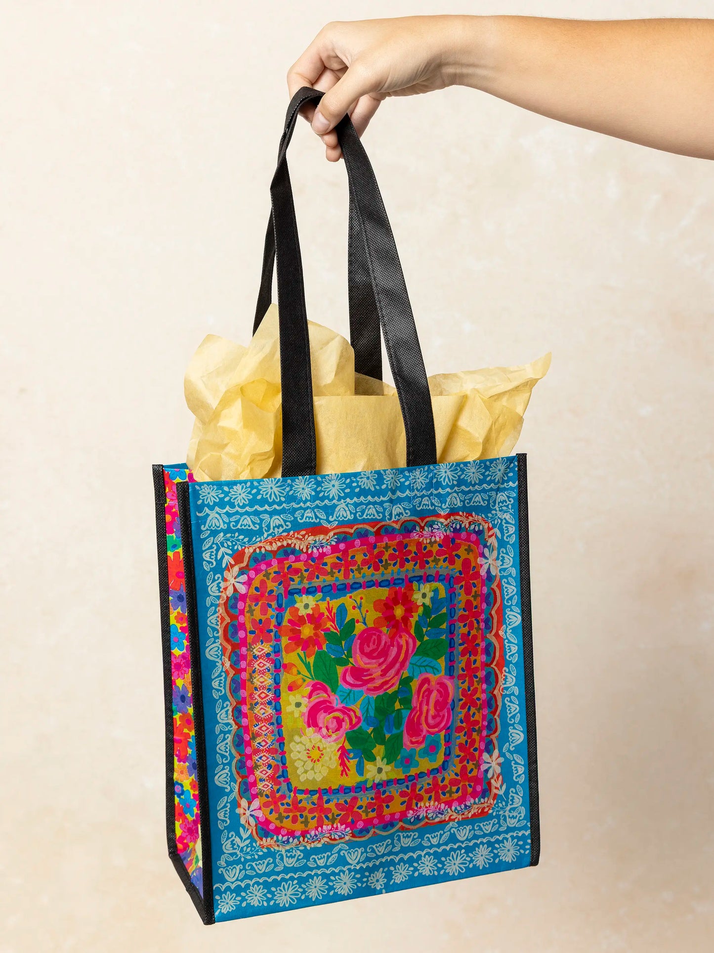 Large Happy Bag, Set of 3 - Teal Flower Bouquet