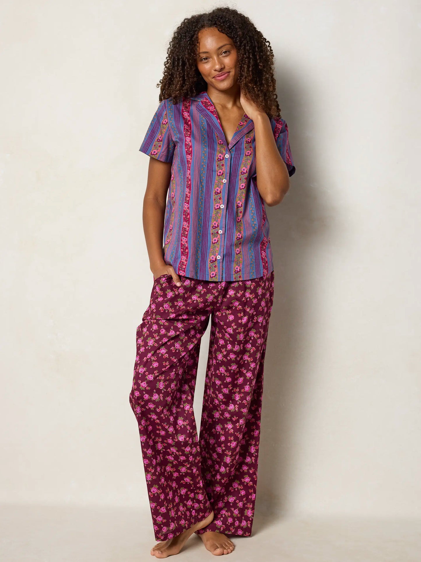 Mix & Match Cotton Short Sleeve Pajama Top - Retro Ribbons Navy