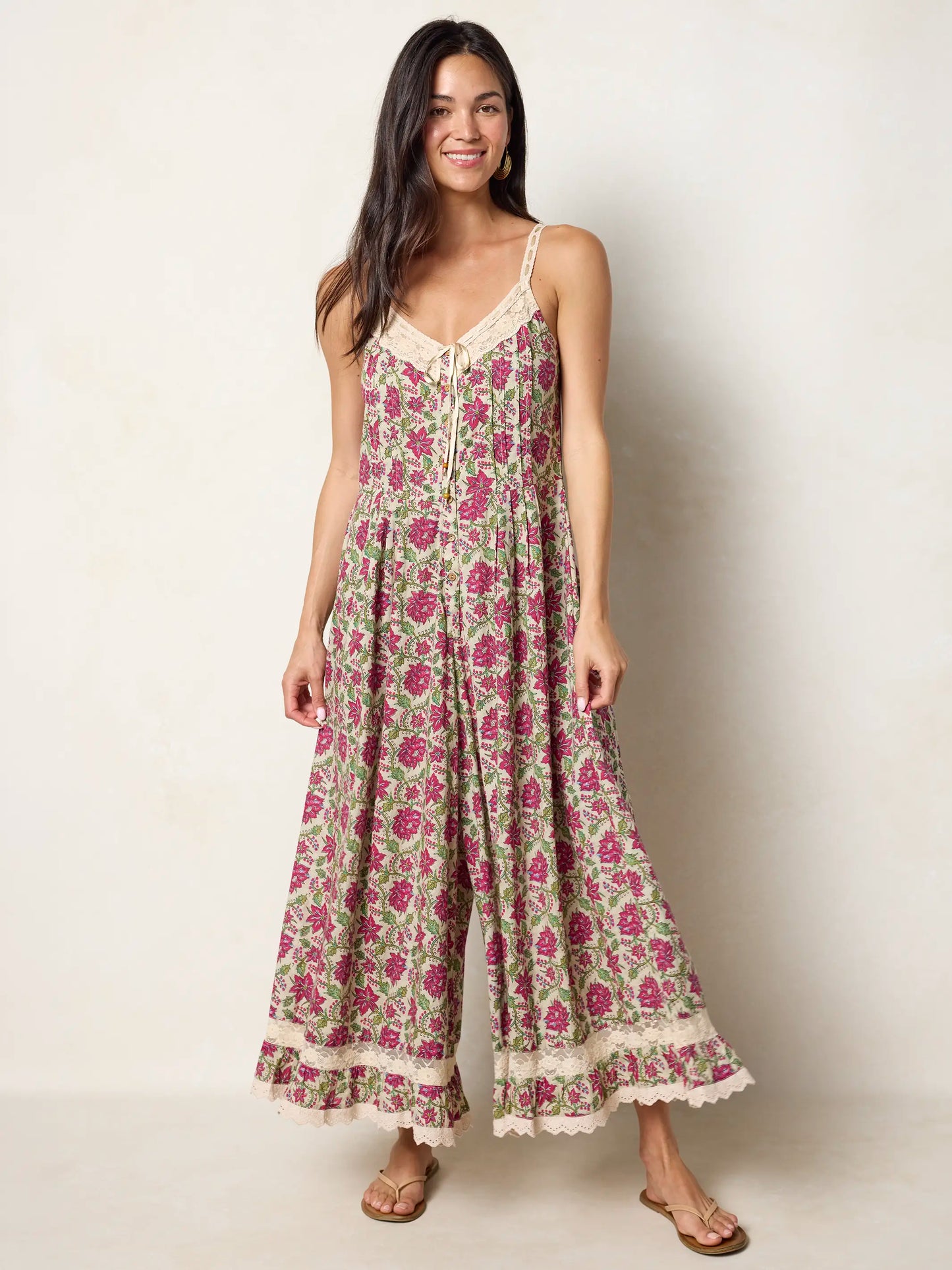 Cotton & Lace Jumpsuit - Cream Red Lotus