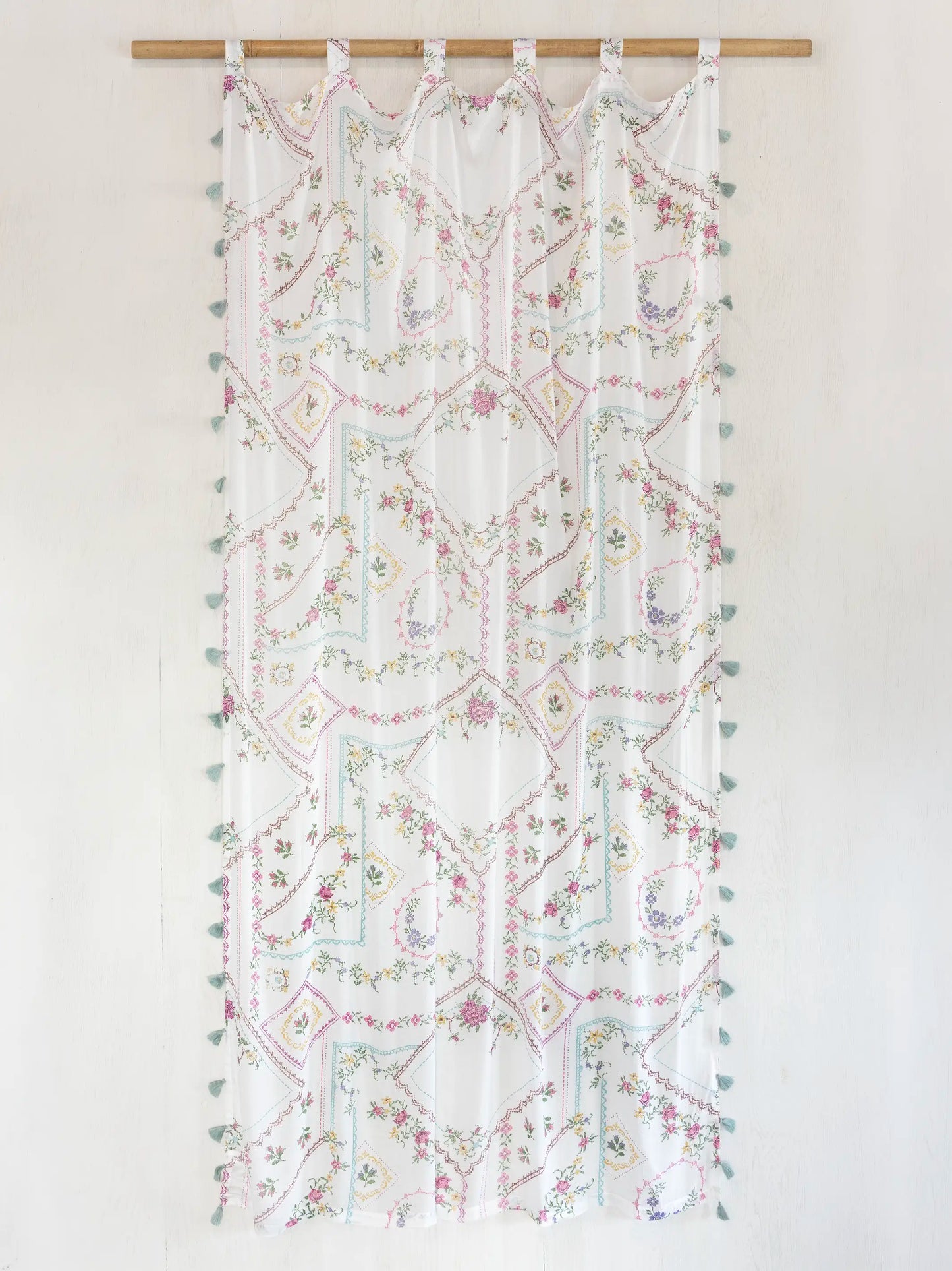 Printed Curtain Panel - Heirloom Cross Stitch Ivory