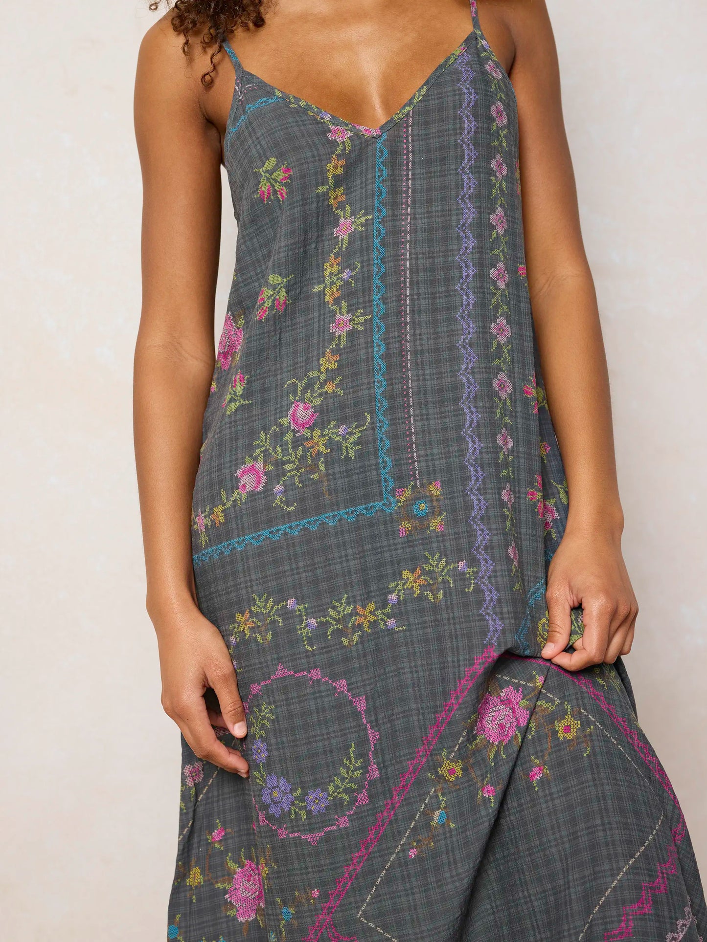 Gracie Slip Maxi Dress - Heirloom Cross Stitch Charcoal