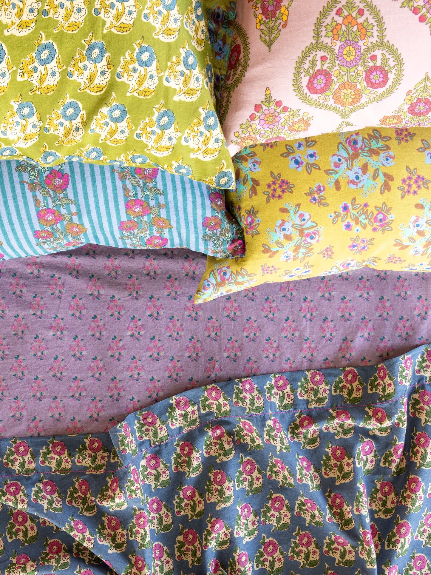 Mix & Match Cotton Pillowcase, Single - Blue Floral Stripe