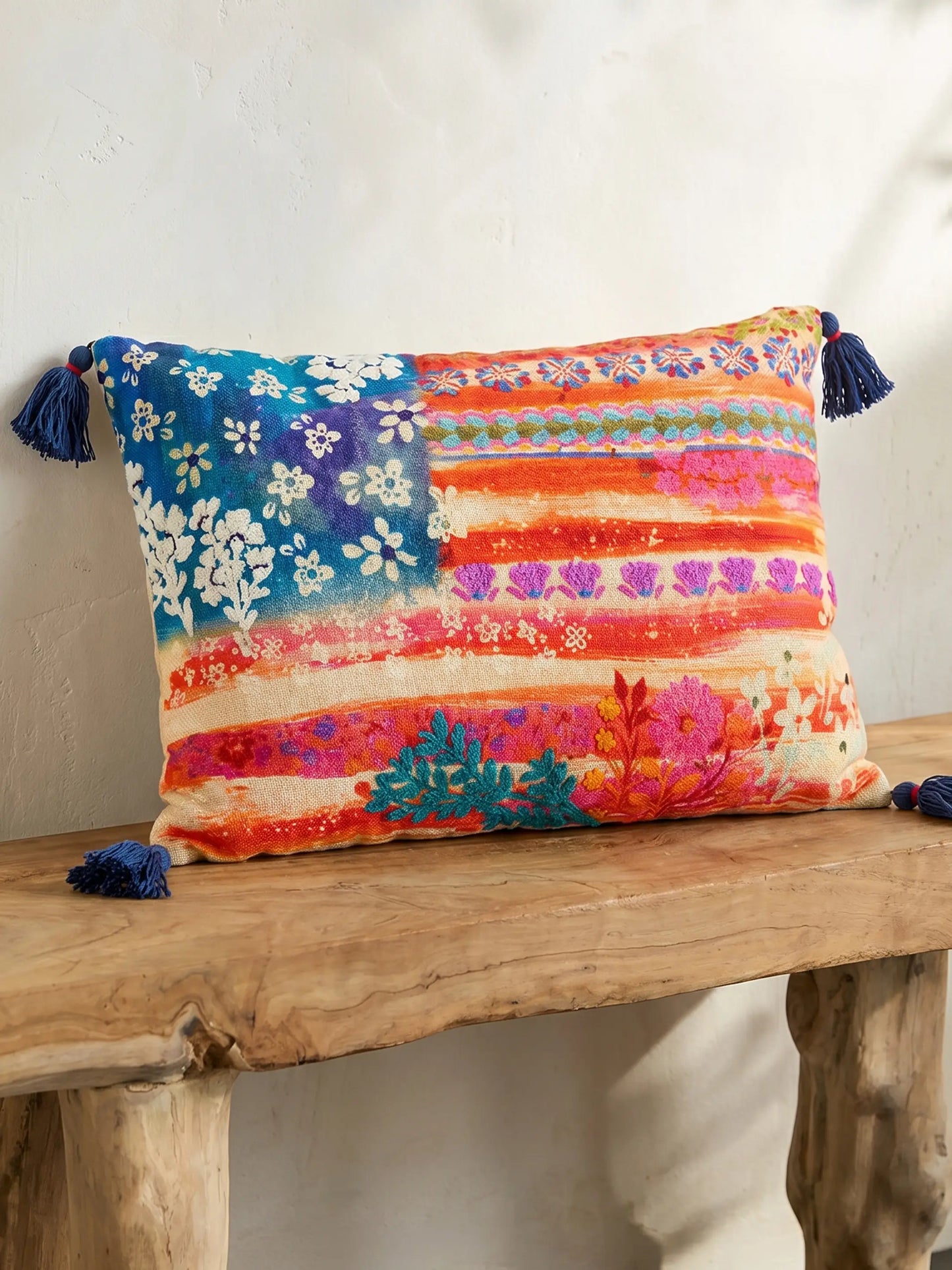 Boho Cotton Tassel Pillow - American Flag