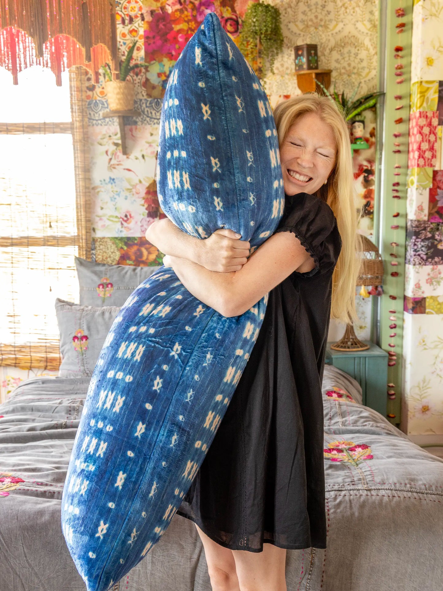 Reversible Cozy Body Pillow Cover - Indigo Shibori Stripe