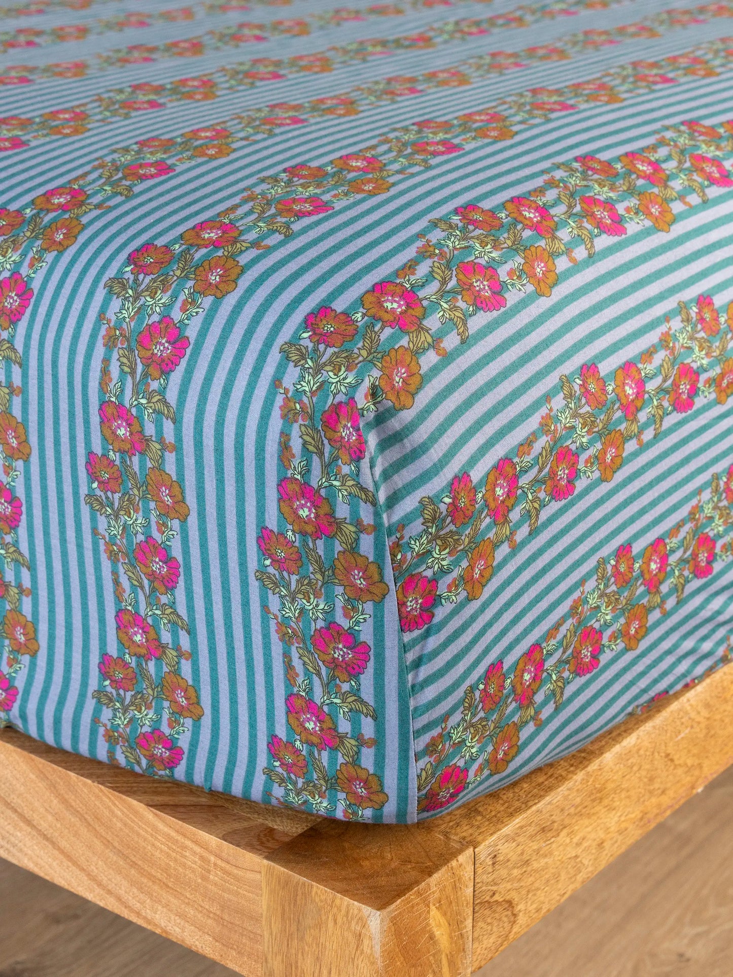 Mix & Match Cotton Fitted Sheet - Blue Floral Stripe