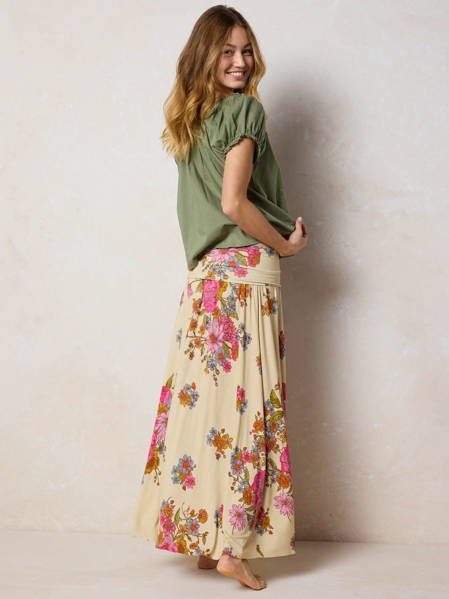 Live-In-It Knit "ButterSoft" Maxi Skirt - English Garden Cream