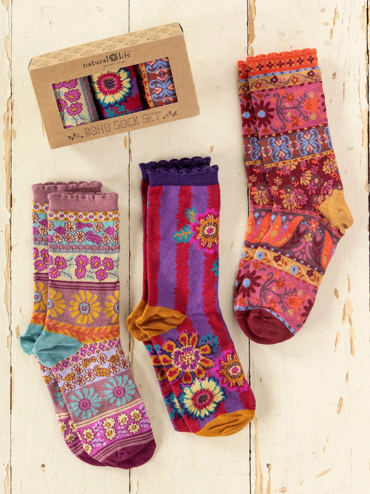 Boxed Boho Sock Set, Set of 3 - Striped Floral