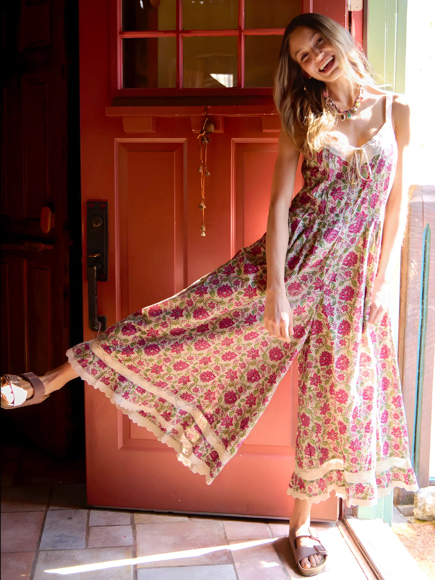 Cotton & Lace Jumpsuit - Cream Red Lotus