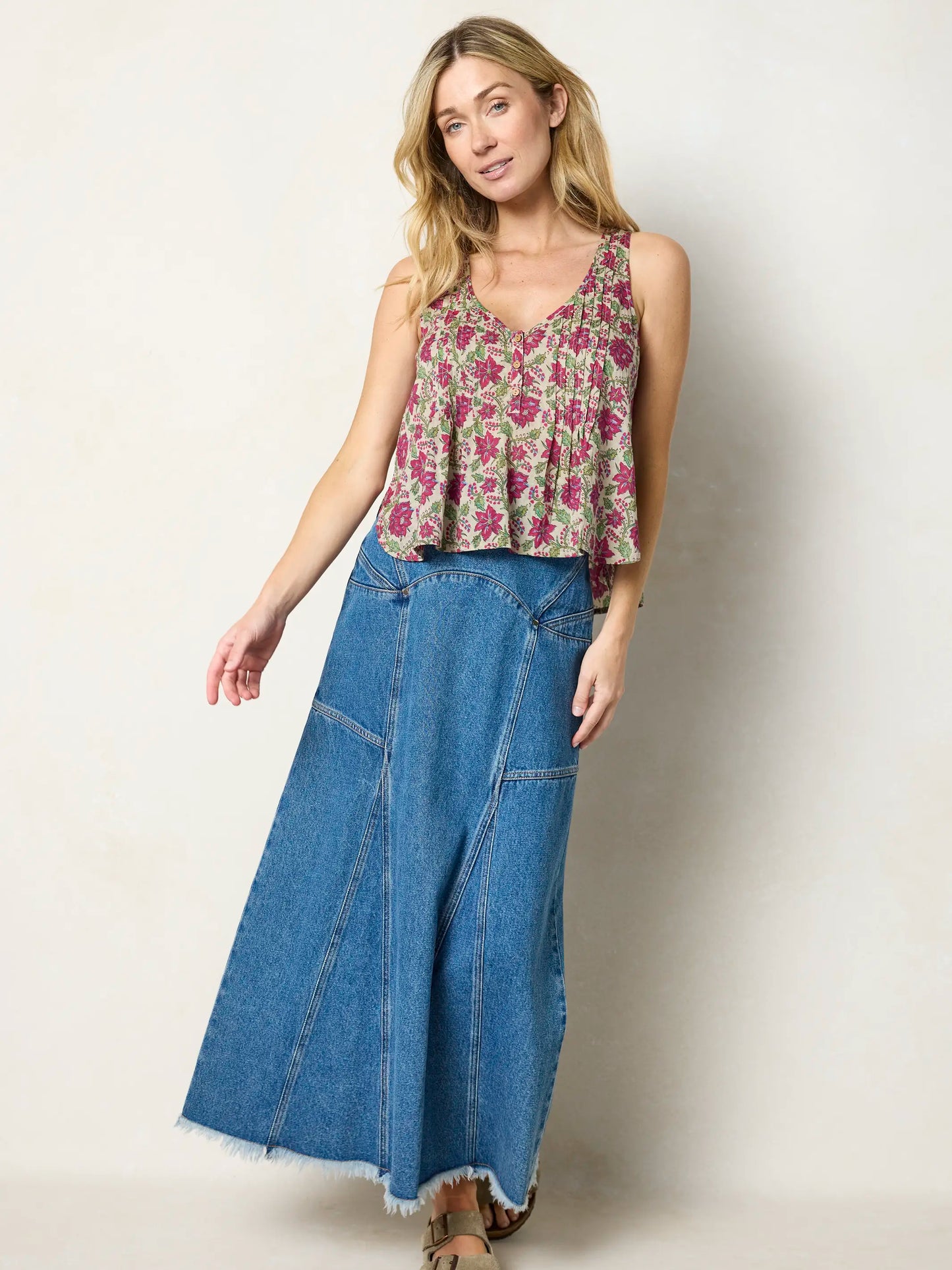 Savannah Cotton Sleeveless Top - Cream Red Lotus